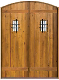 Arch Top Double Pank Door with speakeasy, wood straps and honey finish