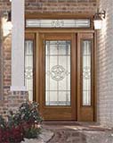 Mahogany Full View Decorative Glass Front Door with Sidelites and Transom