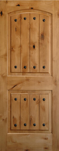 Knotty Alder Arch 2-Panel Interior Door with V-Grooves and Rustic Clavos