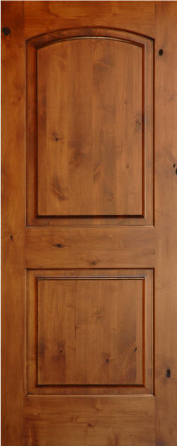 Candlelight Finish applied to Knotty Alder Arch-Top 2-Panel Interior Door
