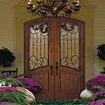 Mahogany Wood Wrought Iron 'Catalina' Arch-Top Double Entry Doors
