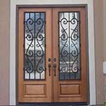 Mahogany Wood Wrought Iron St. Charles 3/4-Lite Front Double Doors