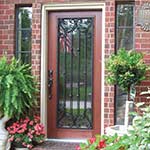 Valencia Mahogany Wood 1-Light Wrought Iron Front Door