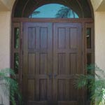 SIG-Series Contemporary 6-Panel Double Entry Doors with Sidelites and Half-Round Transom