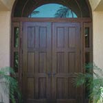 SIG-Series Contemporary 6-Panel Double Entry Doors with Sidelites and Half-Round Transom