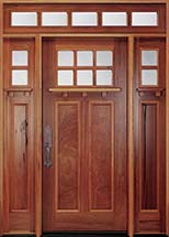 MIAA74 Andean Walnut Craftsman Style Entry Door with Sidelites, Transom, and Dentil Shelf