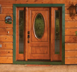 RV-4060 Knotty Alder Exterior Door with 4750 sidelites Catalina glass and Patina Caming